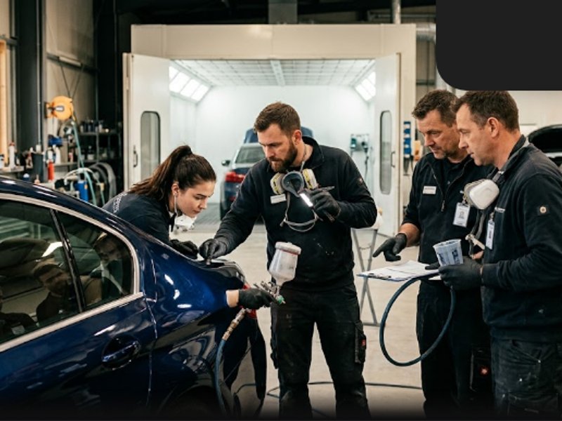 Команда специалистов Краскотон работает над покраской автомобиля в профессиональной мастерской при теплом освещении